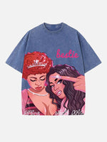 Distressed Washed Singer Figure&Letter Print Round Neck T-shirt