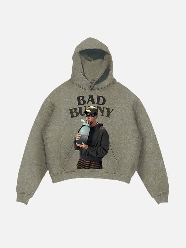 Bad Bunny Print Slant Pockets Hoodie