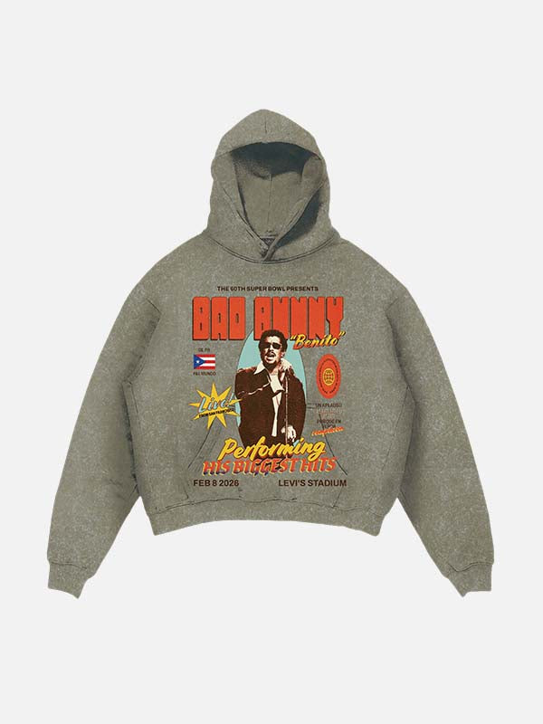 Bad Bunny Print Slant Pockets Hoodie