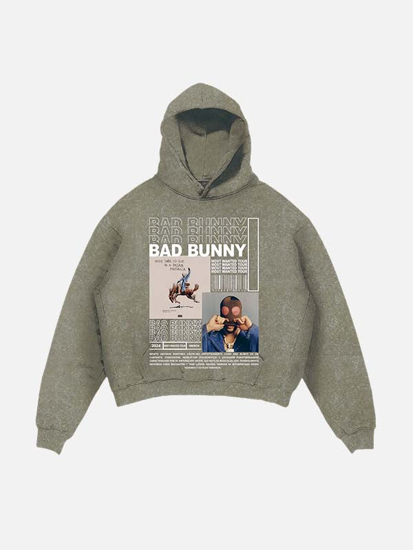 Bad Bunny Print Slant Pockets Hoodie