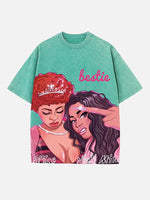 Distressed Washed Singer Figure&Letter Print Round Neck T-shirt